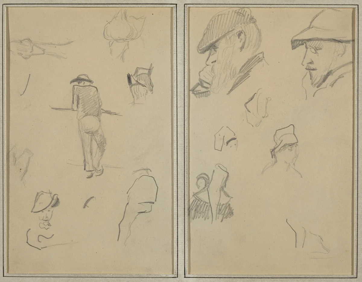 A Man Leaning on a Wall with Five Other Studies; Two Bearded Men Wearing Hats, and Five Other Studies [recto] by Paul Gauguin, drawing, 1884-1888