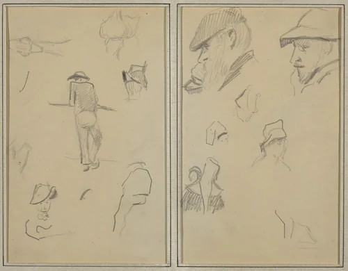 A Man Leaning on a Wall with Five Other Studies; Two Bearded Men Wearing Hats, and Five Other Studies [recto] by Paul Gauguin, drawing, 1884-1888