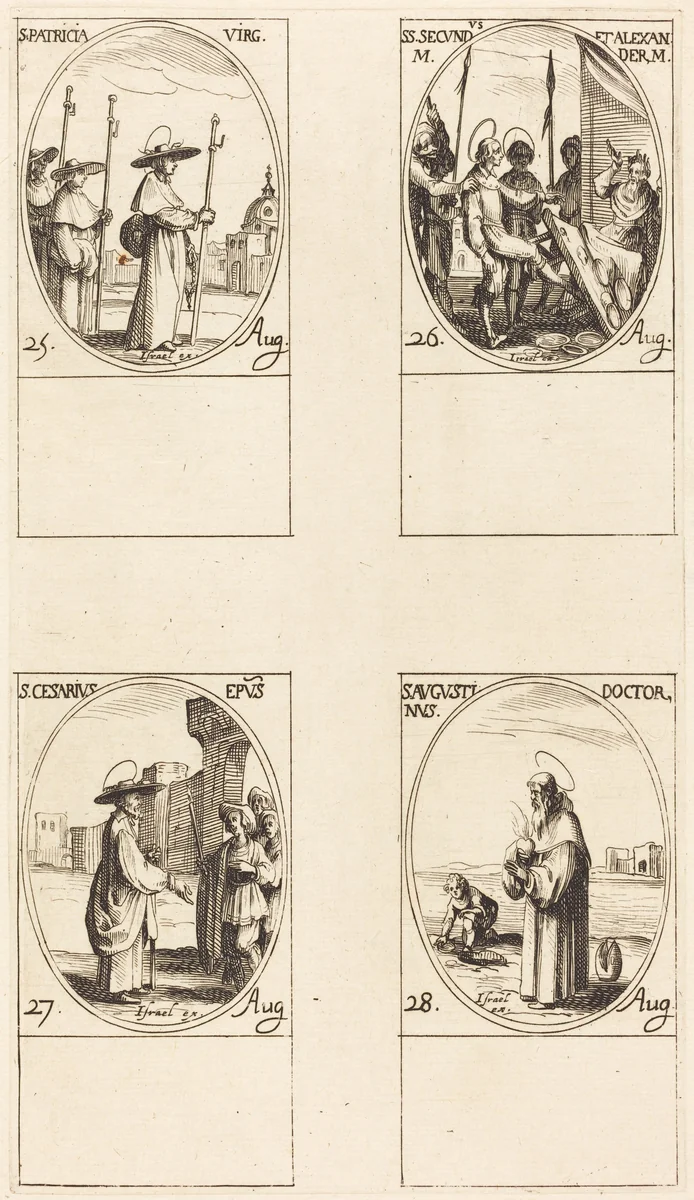 St. Patricia; Sts. Secundus and Alexander; St. Cesarius; St. Augustine by Jacques Callot, print, 1627-1637