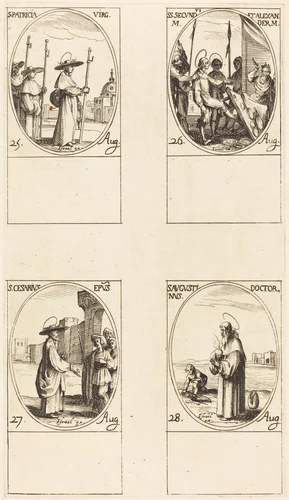 St. Patricia; Sts. Secundus and Alexander; St. Cesarius; St. Augustine by Jacques Callot, print, 1627-1637