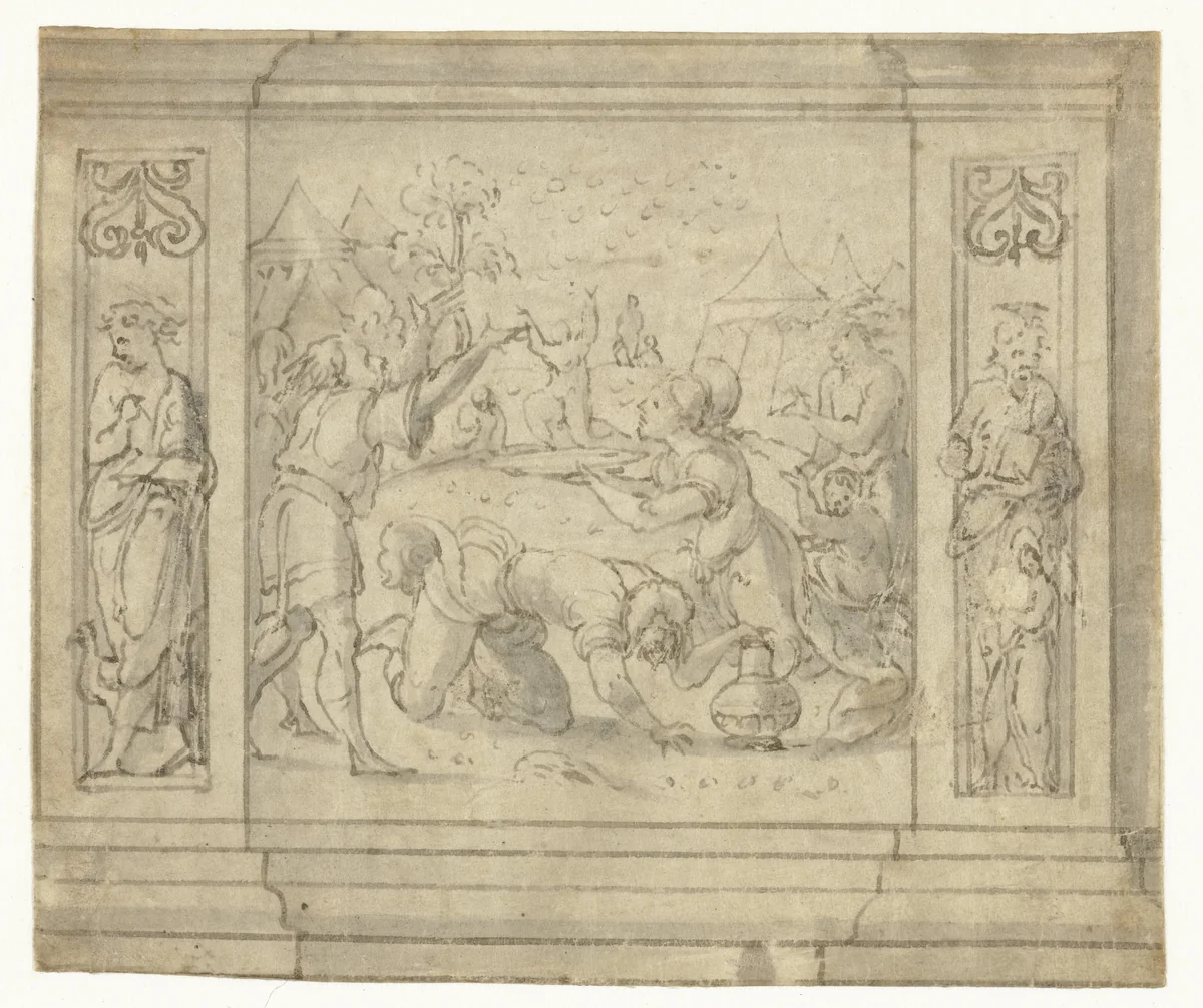 Israëlieten verzamelen de manna by Unknown, drawing, 1510-1530
