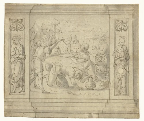 Israëlieten verzamelen de manna by Unknown, drawing, 1510-1530