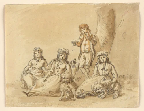 A Group of Four Children, with Dogs by Paul Sandby, drawing, 1798-1799