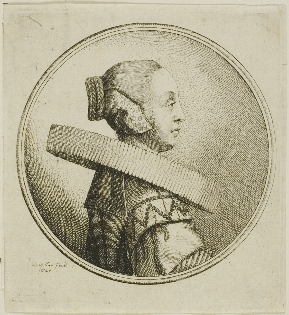 Woman with Circular Lace Ruff in Profile to Right by Wenceslaus Hollar, print, 1645