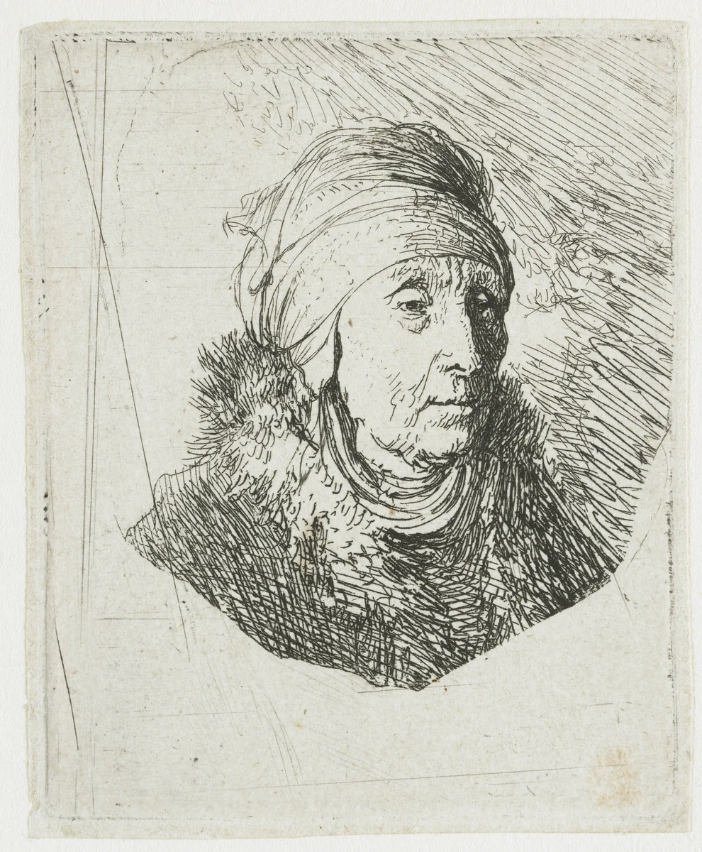 Vrouw met hoog hoofddeksel by Rembrandt van Rijn, print, 1630