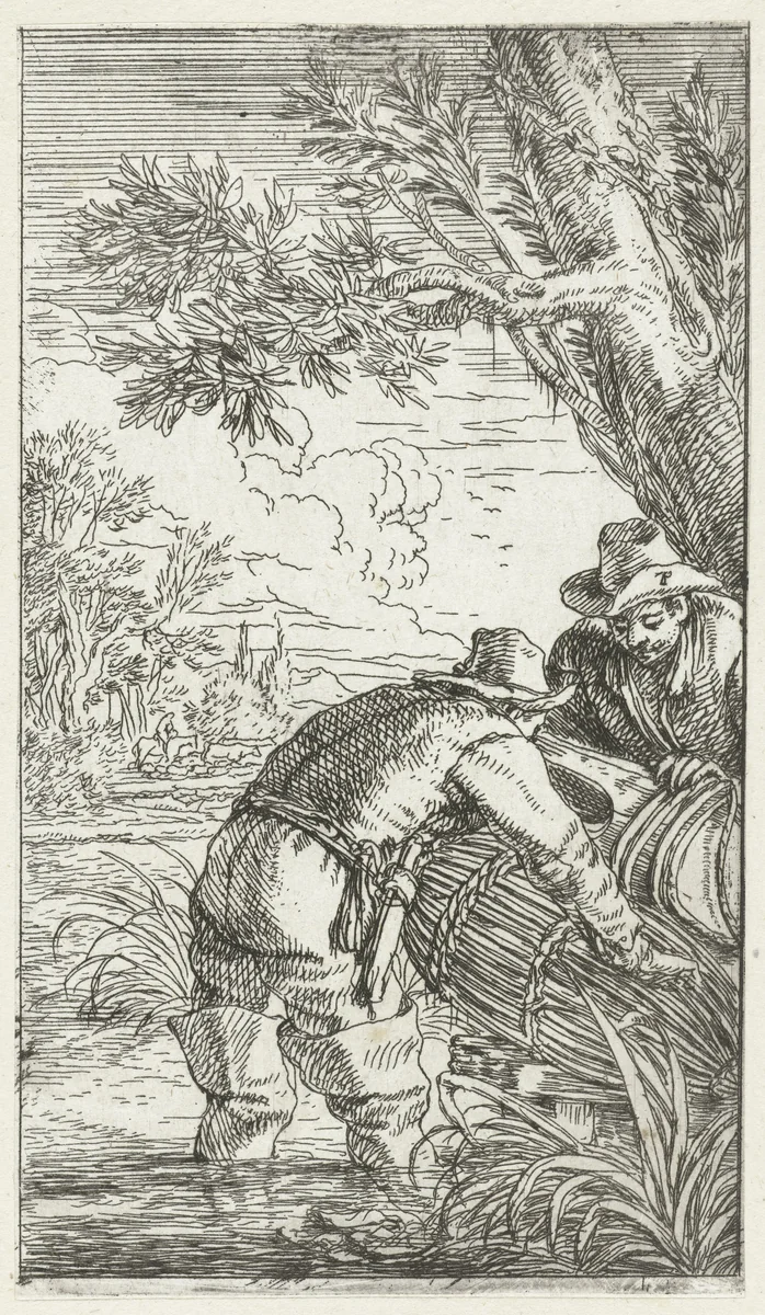 Twee vissers met een fuik by Jonas Umbach, print, 1634-1693