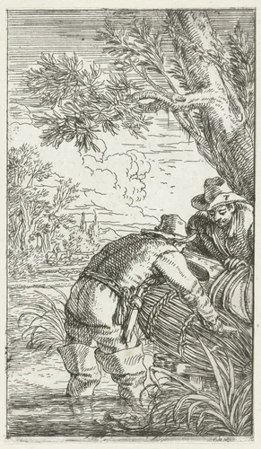 Twee vissers met een fuik by Jonas Umbach, print, 1634-1693
