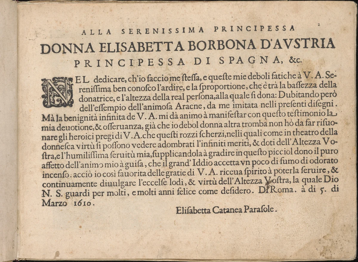Fiore D'Ogni Virtu Per le Nobili Et Honeste Matrone, page 2 (recto) by Isabella Catanea Parasole, book, 1610