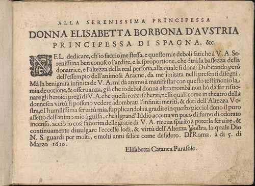 Fiore D'Ogni Virtu Per le Nobili Et Honeste Matrone, page 2 (recto) by Isabella Catanea Parasole, book, 1610