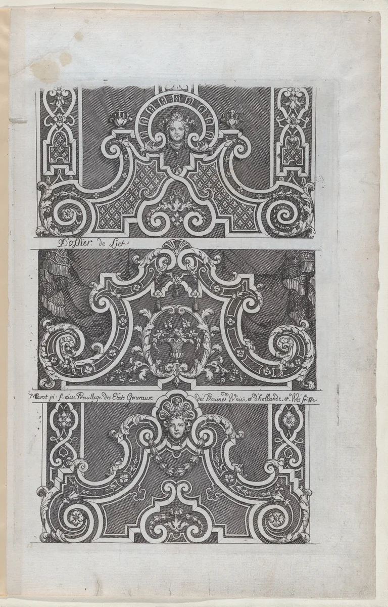 Three Designs for Embroidered Headboards, from Nouveaux Liure da Partements, part of Œuvres du Sr. D. Marot by Daniel Marot, print, 1703-1712