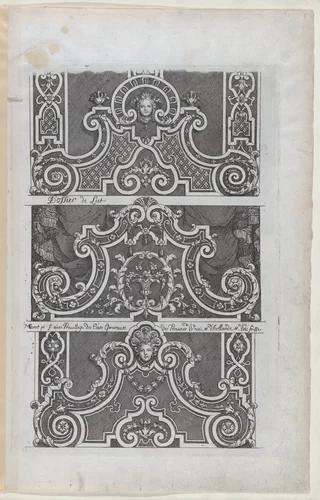 Three Designs for Embroidered Headboards, from Nouveaux Liure da Partements, part of Œuvres du Sr. D. Marot by Daniel Marot, print, 1703-1712