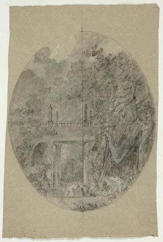 View of the Park at Versailles: Women Bathing Beneath a Bridge by Pierre Antoine Mongin, drawing, 1781-1827
