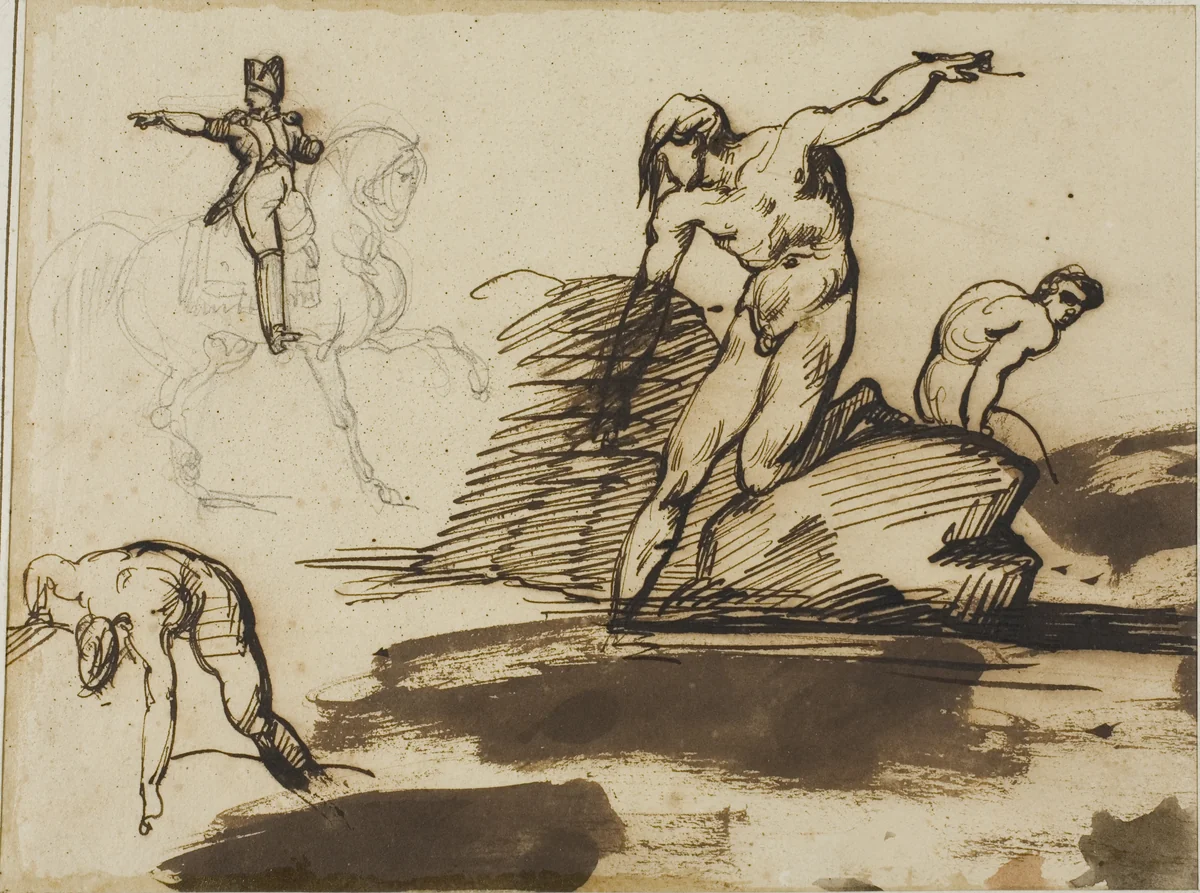Study of Napoleon on Horseback with Sketches of Nudes Among Rocks by Jean Louis André Théodore Géricault, drawing, 1813-1814