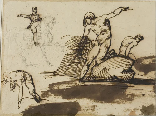 Study of Napoleon on Horseback with Sketches of Nudes Among Rocks by Jean Louis André Théodore Géricault, drawing, 1813-1814