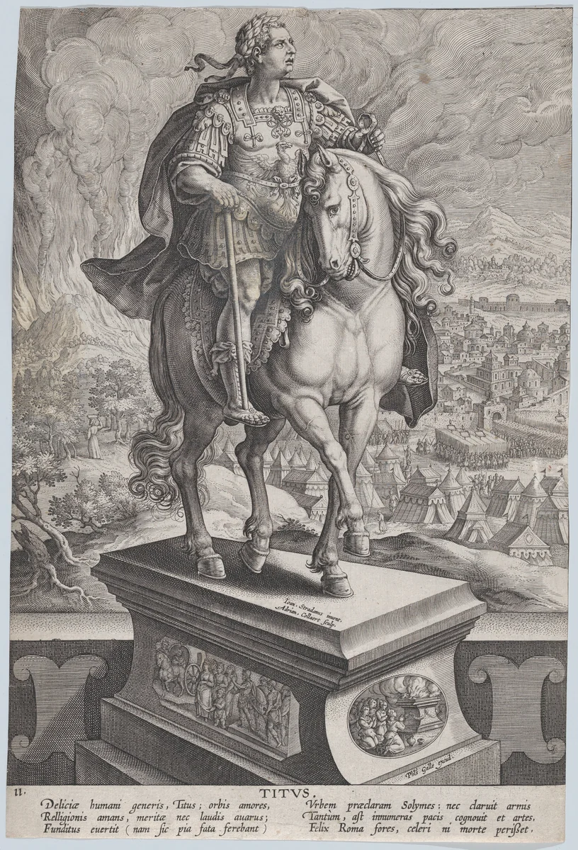 Plate 11: equestrian statue of Titus, seen three-quarters to the right, Mount Vesuvius erupting at left in the background, from 'Roman Emperors on Horseback' by Adriaen Collaert, print, 1582-1594
