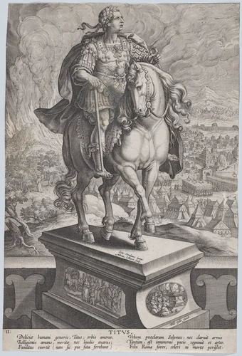 Plate 11: equestrian statue of Titus, seen three-quarters to the right, Mount Vesuvius erupting at left in the background, from 'Roman Emperors on Horseback' by Adriaen Collaert, print, 1582-1594