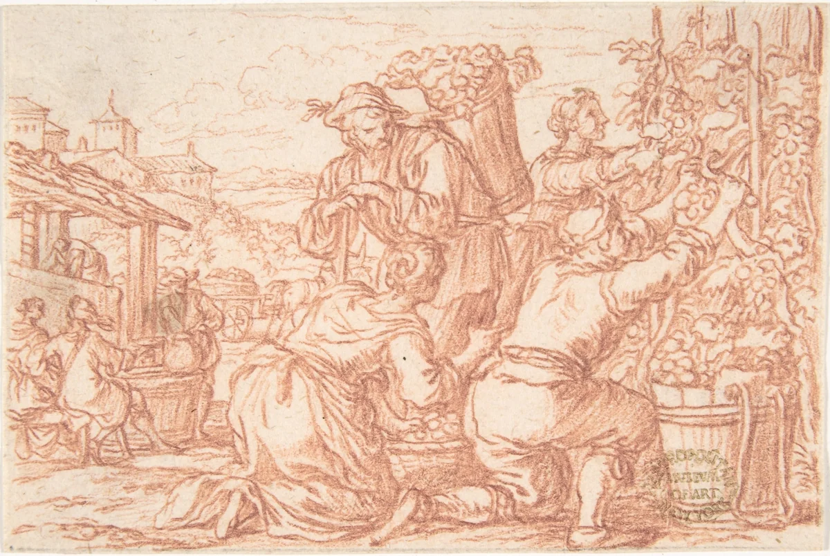 October (one of a series representing the labors of the months) by Jonas Umbach, drawing, 1690