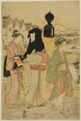 Women Crossing Nihonbashi Bridge by Torii Kiyonaga (鳥居清長), print, 1781-1791