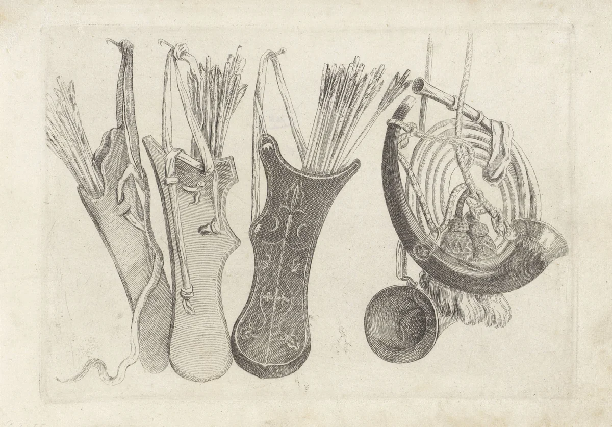 Drie pijlkokers en jachthoornen by Wenceslaus Hollar, print, 1646-1647