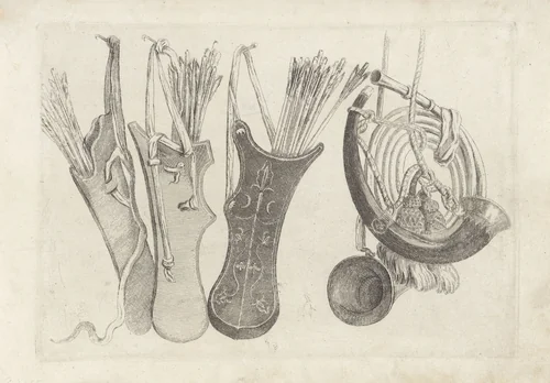 Drie pijlkokers en jachthoornen by Wenceslaus Hollar, print, 1646-1647