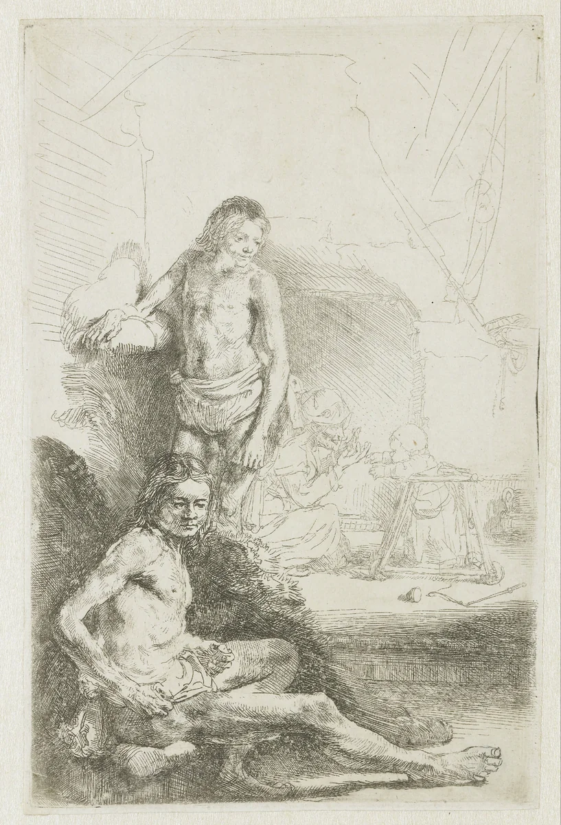 Male nude, seated and standing by Rembrandt van Rijn, print, 1646