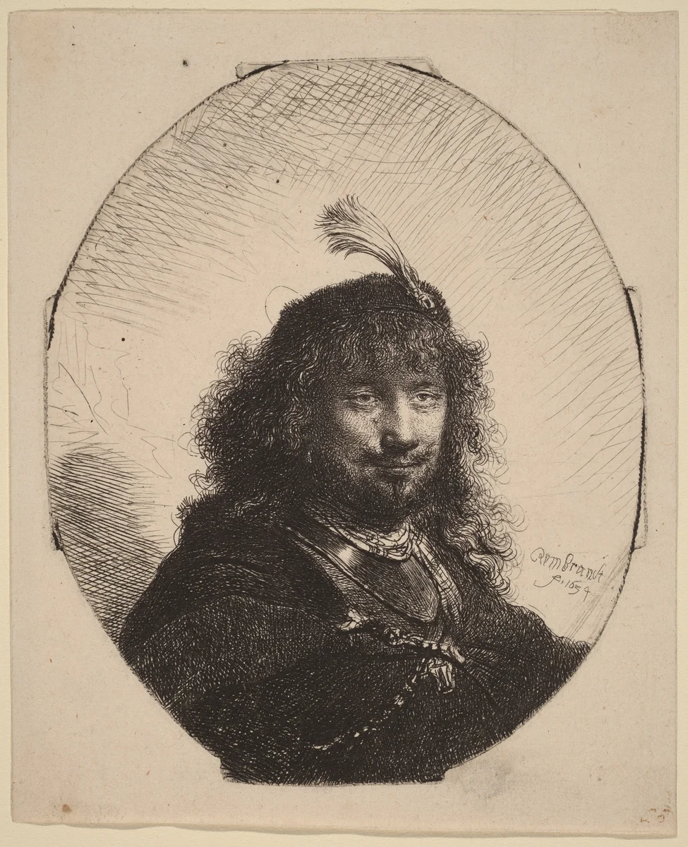 Self-Portrait (?) with Plumed Cap and Lowered Sabre by Rembrandt van Rijn, print, 1634