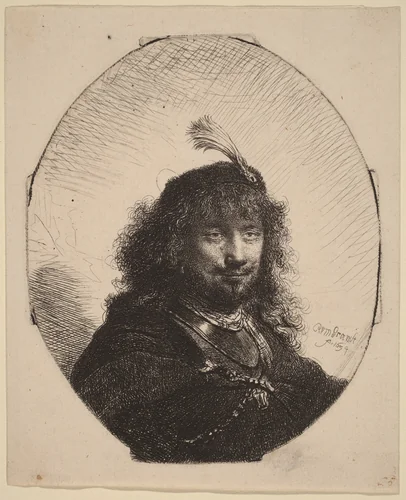 Self-Portrait (?) with Plumed Cap and Lowered Sabre by Rembrandt van Rijn, print, 1634