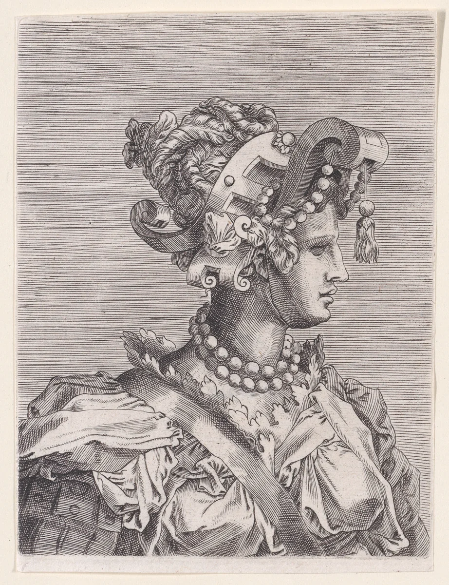 Bust of a Woman Wearing a Fantastic Head-dress and Mask by René Boyvin, print, 1525-1600