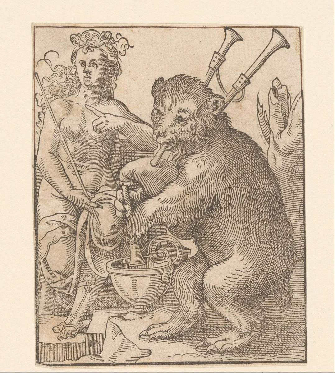 Vrouw met doedelzakspelende beer by Unknown, print, 1580