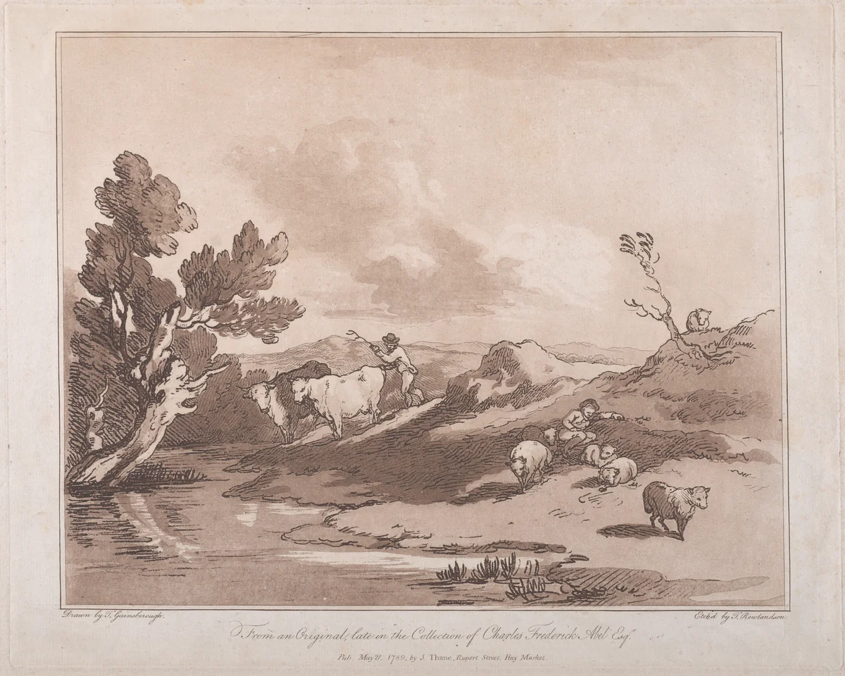 Landscape with a Figure Herding Cattle, and a Shepherd Resting by Thomas Rowlandson, print, 1789