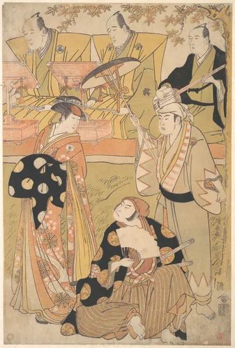 Onoe Matsusuke I as an Oiran Stands at the Left, Talking to Nakamura Nakazo I as a Samurai by Torii Kiyonaga (鳥居清長), print, 1778-1798