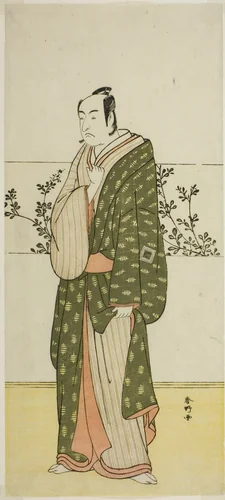 The Actor Ichikawa Monnosuke II, Possibly as Matsuya Soshichi, in the Play Chiyo no Hajime Ondo no Seto (Beginnings of Eternity: The Ondo Straits in the Seto Inland Sea) (?), Performed at the Kiri Theater from the Twenty-seventh Day of the Seventh Month, 1785 by Katsukawa Shunko, print, 1780-1790