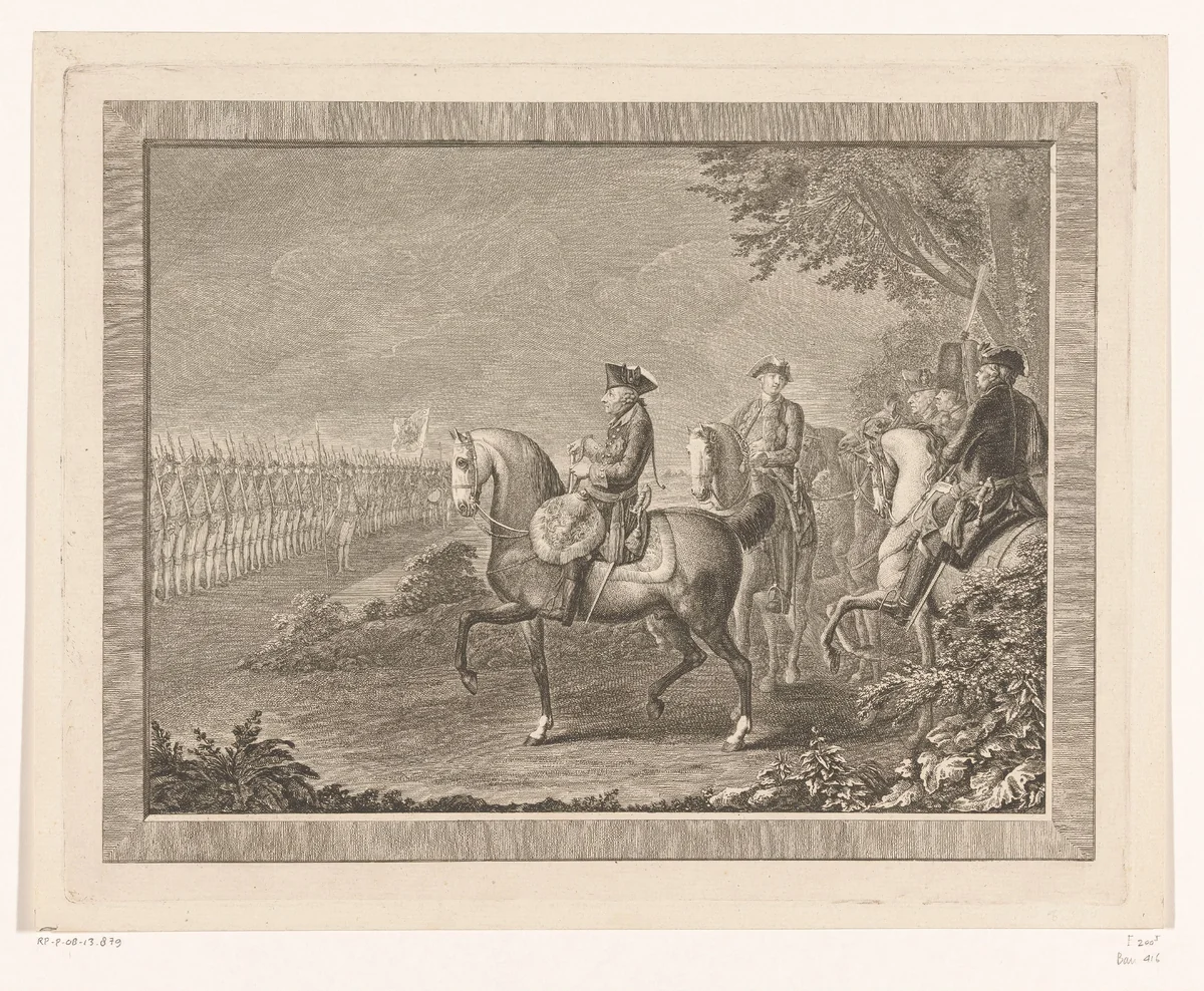 Frederik de Grote inspecteert de troepen by Daniel Nikolaus Chodowiecki, print, 1777