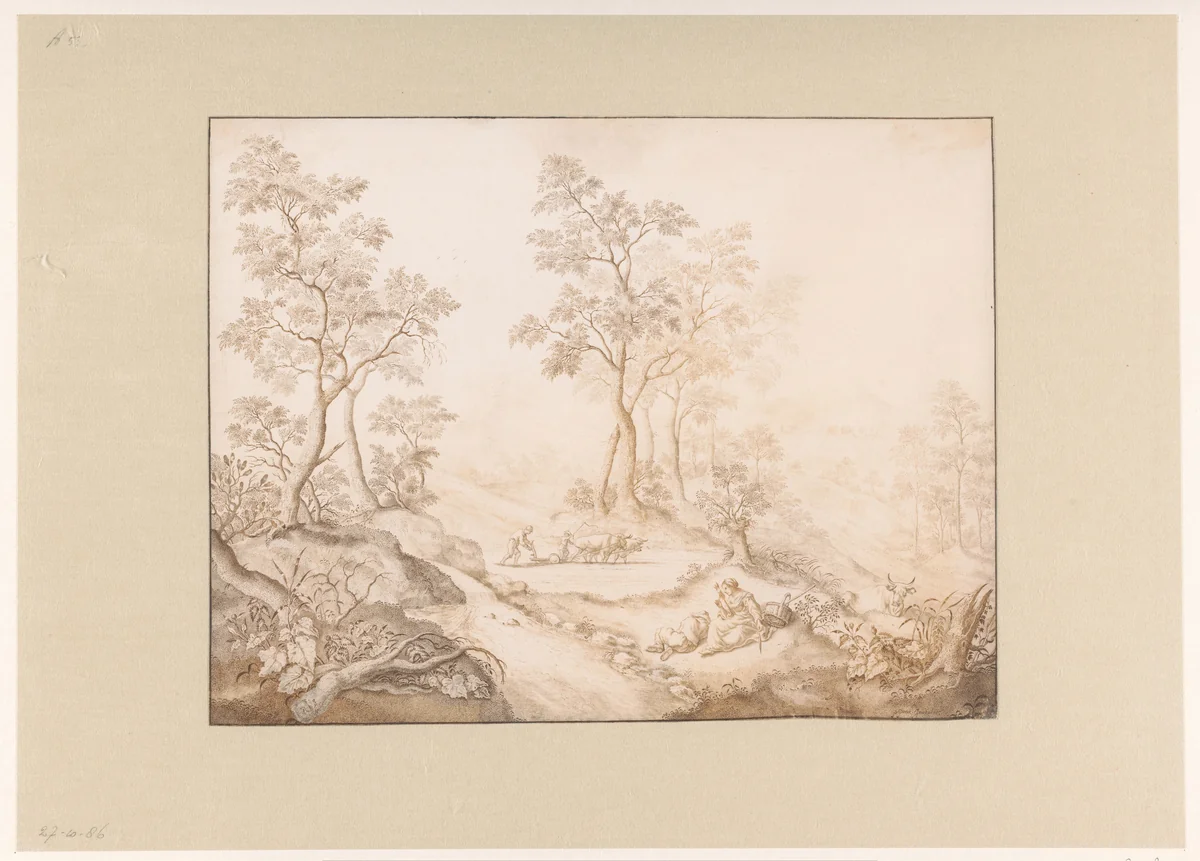 Boomrijk landschap met vrouw, man en een boer by Pieter de Porck, drawing, 1640-1660