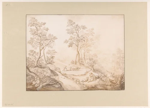 Boomrijk landschap met vrouw, man en een boer by Pieter de Porck, drawing, 1640-1660