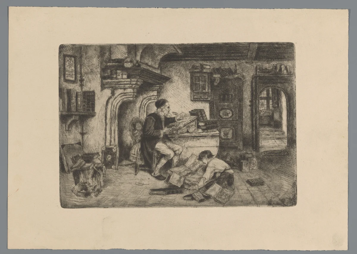 Schrijvende man en lezende jongen by Willem Linnig, print, 1852-1890