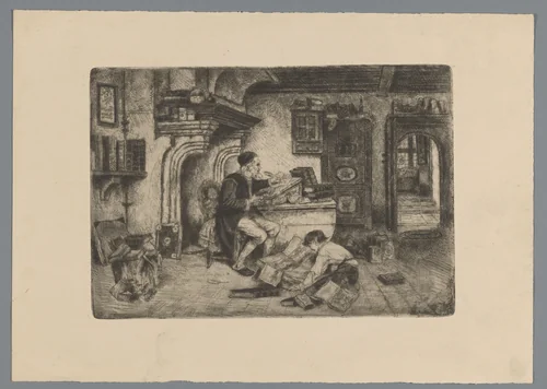 Schrijvende man en lezende jongen by Willem Linnig, print, 1852-1890