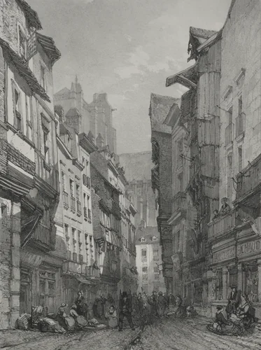 Voyages pittoresques et romantiques dans l'ancienne France. Bretagne: Grande rue vieille à Nantes by Eugène Cicéri, print, 1820-1870
