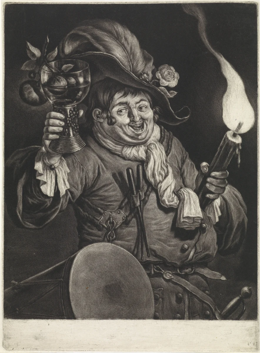 Dronken tamboer met roemer en toorts by Jacob Gole, print, 1695-1724