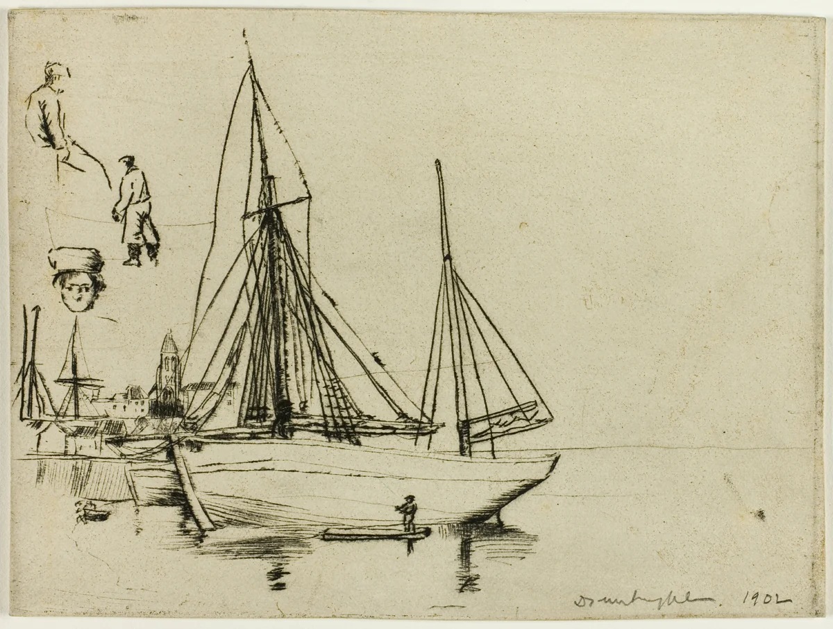 Sketch of Fishing Boats and Sailors by Donald Shaw MacLaughlan, print, 1902