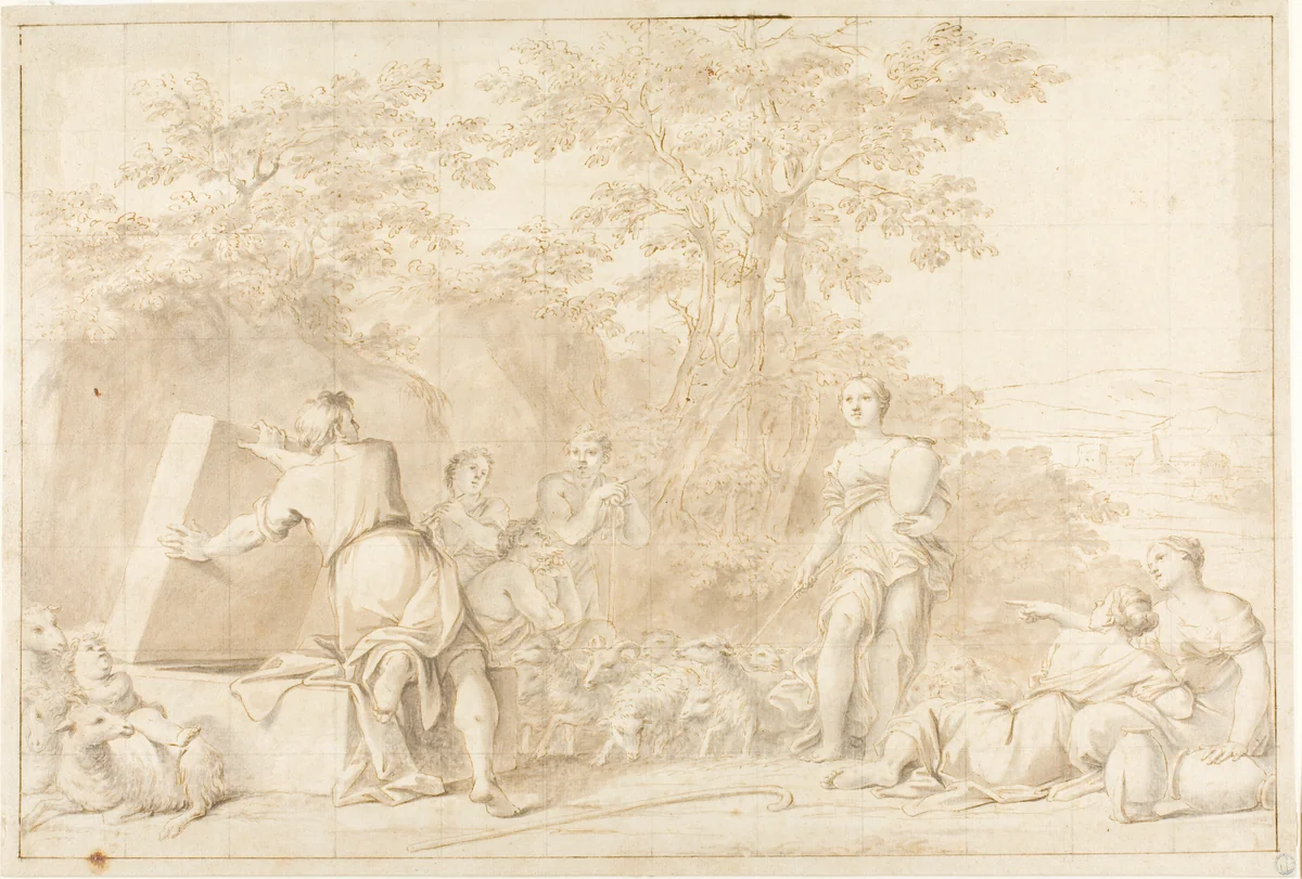 Jacob and Rachel at the Well by Marcantonio Franceschini, drawing, 1668-1799
