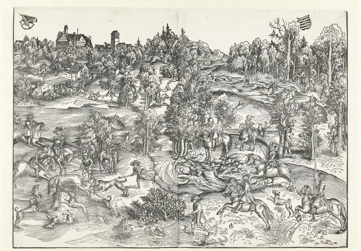 Hertenjacht van het keurvorstelijk hof van Saksen by Unknown, print, 1504-1508
