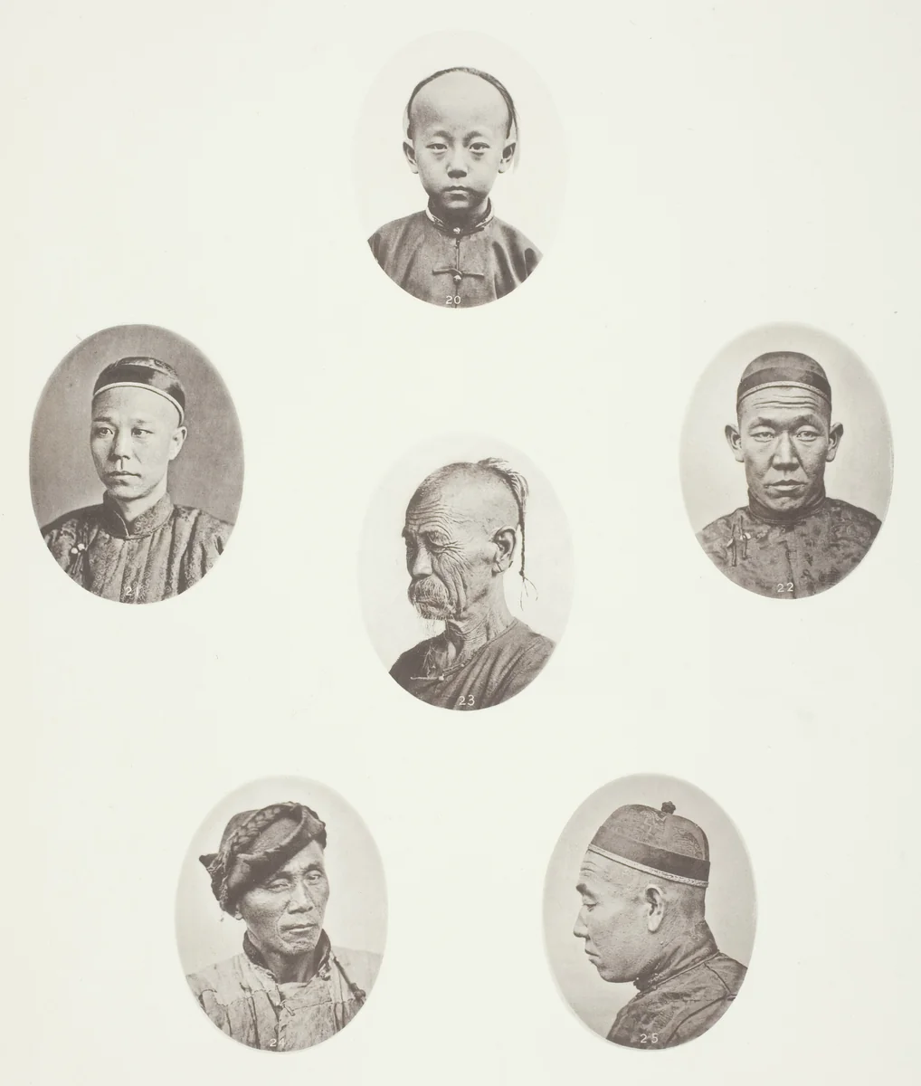 Cantonese Boy; Cantonese Merchant; Mongolian Male Head; A Venerable Head; A Labourer; Mongolian Male Head by John Thomson, photograph, 1863-1873