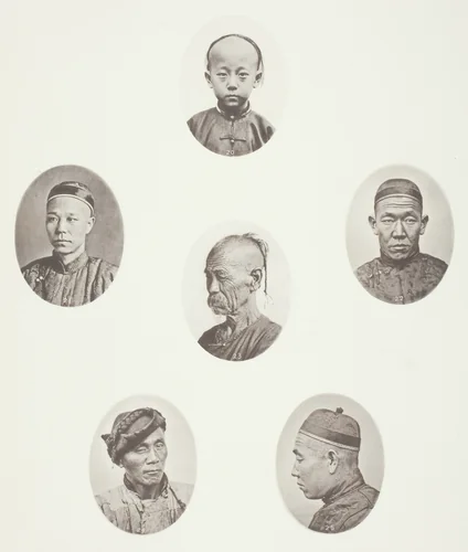Cantonese Boy; Cantonese Merchant; Mongolian Male Head; A Venerable Head; A Labourer; Mongolian Male Head by John Thomson, photograph, 1863-1873