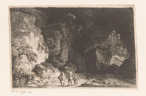 Man, vrouw en kind voor een opening in een rotswand by Franz Edmund Weirotter, print, 1766-1767