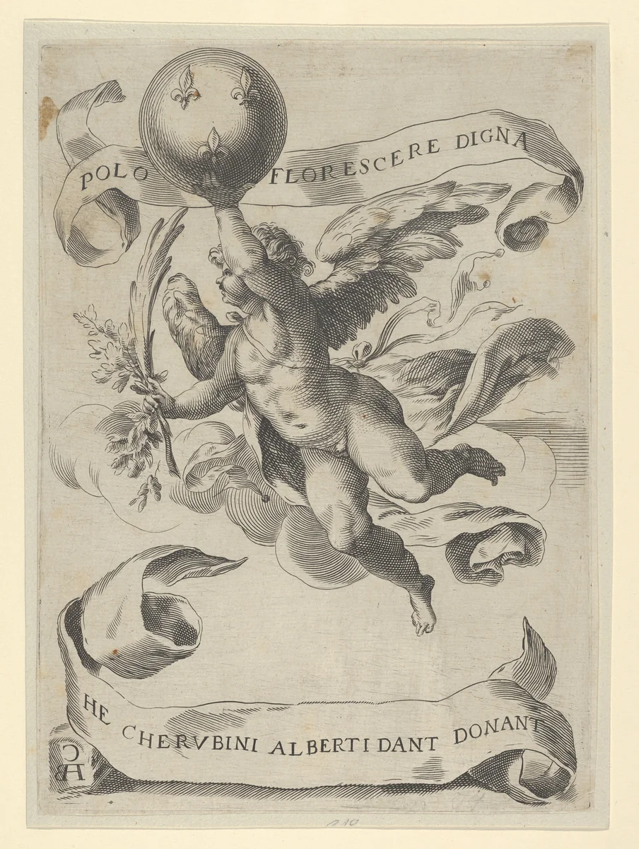 Winged genius with the Arms of the Medici in his right hand and foliage in his left by Cherubino Alberti, print, 1620-1700