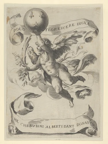 Winged genius with the Arms of the Medici in his right hand and foliage in his left by Cherubino Alberti, print, 1620-1700