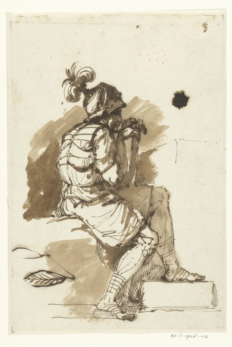 Zittende krijgsman met bepluimde helm, en profil by Etienne de Lavallée-Poussin, drawing, 1750-1793