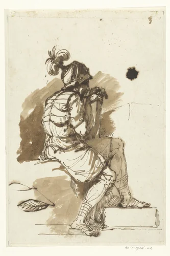 Zittende krijgsman met bepluimde helm, en profil by Etienne de Lavallée-Poussin, drawing, 1750-1793