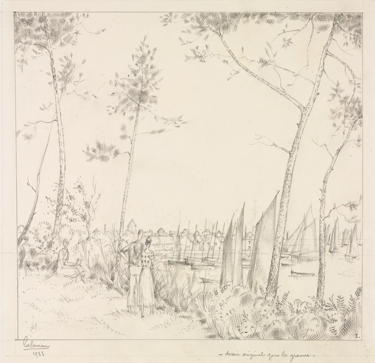 La Promenade sur le Port by Jean-Émile Laboureur, drawing, 1933